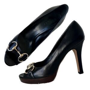 Gucci Classic Horsebit Black Leather Peep Toe Platform Heel Pumps Size 7 B